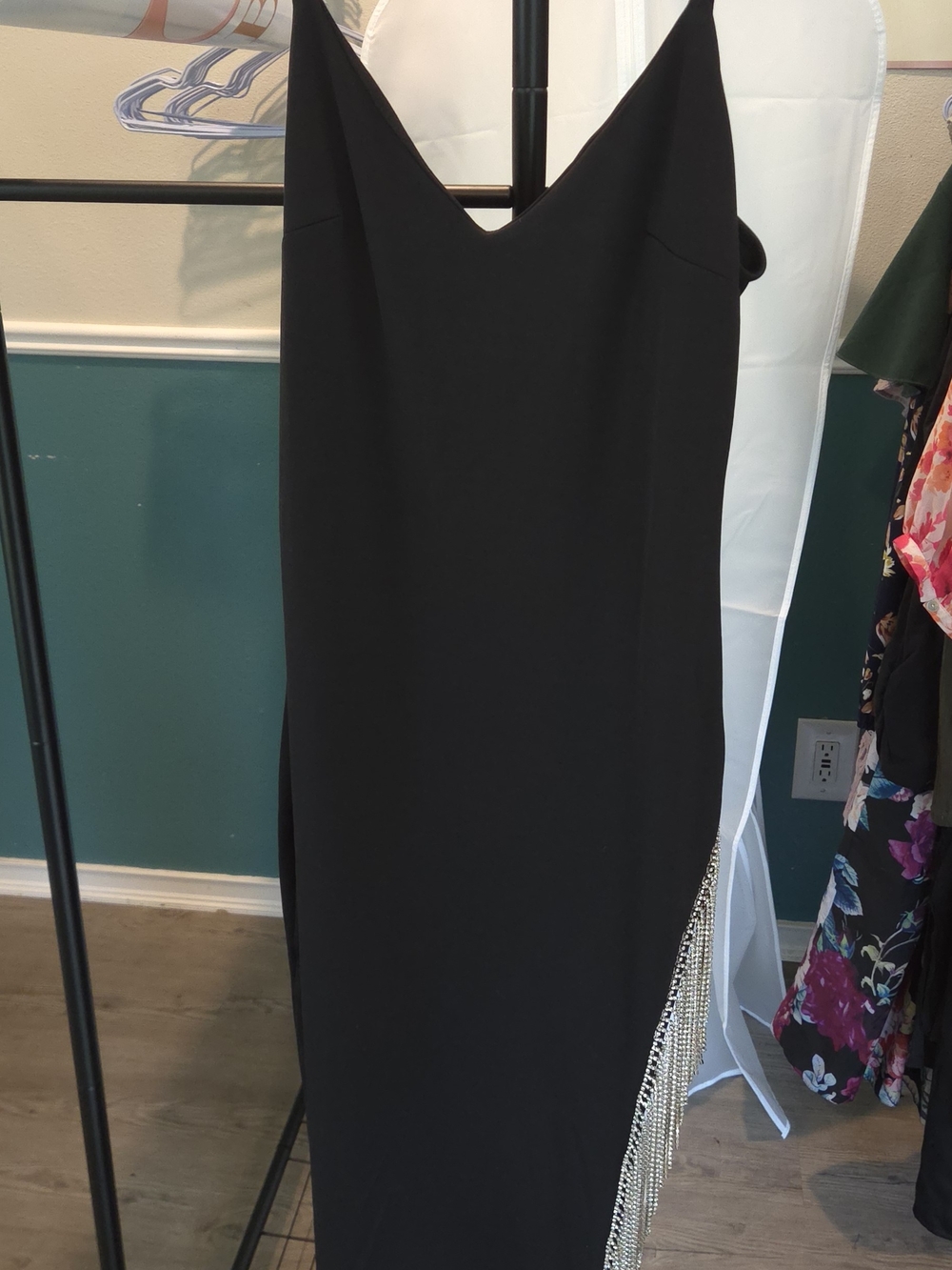 Better Be Black Midi Slip Dress with Side Chain Fringe